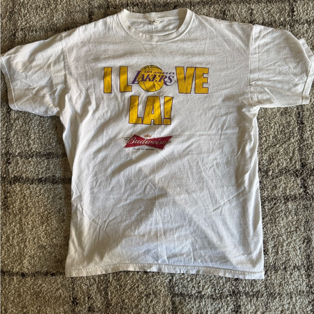 Anvil White T-Shirt with Yellow and Purple Design lakers Budweiser - Picture 2 of 3